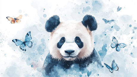 Panda bear wallpaper design file showing detailed watercolor artwork with blue butterfly accents