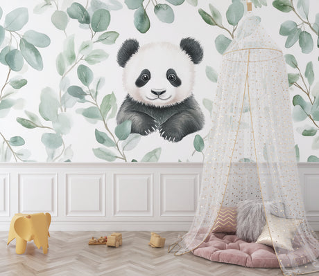 Panda wallpaper mural creating a peaceful atmosphere in a modern nursery with white furniture