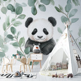 Botanical panda wall mural brightening a child's reading nook with natural light