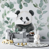 Nature-themed panda mural in a minimalist kids bedroom setup