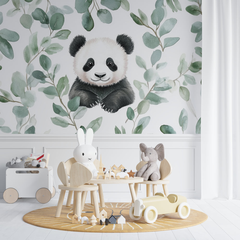 Watercolor panda wallpaper creating depth in a small nursery space
