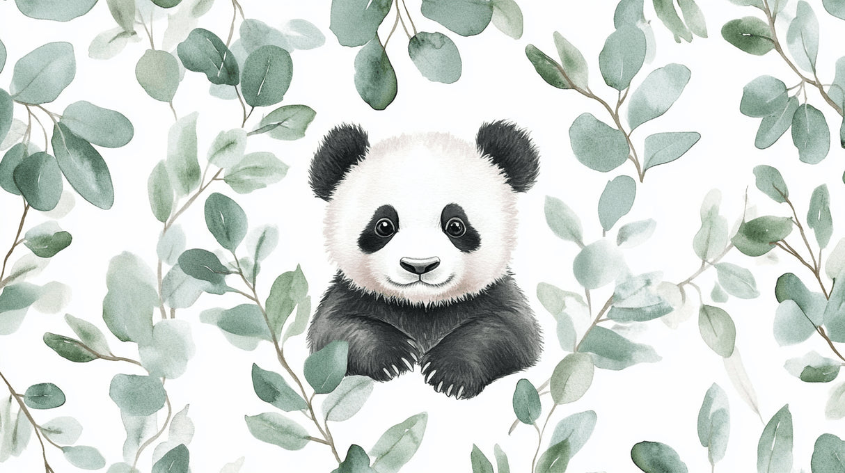 Panda and eucalyptus leaves design file showing intricate watercolor details