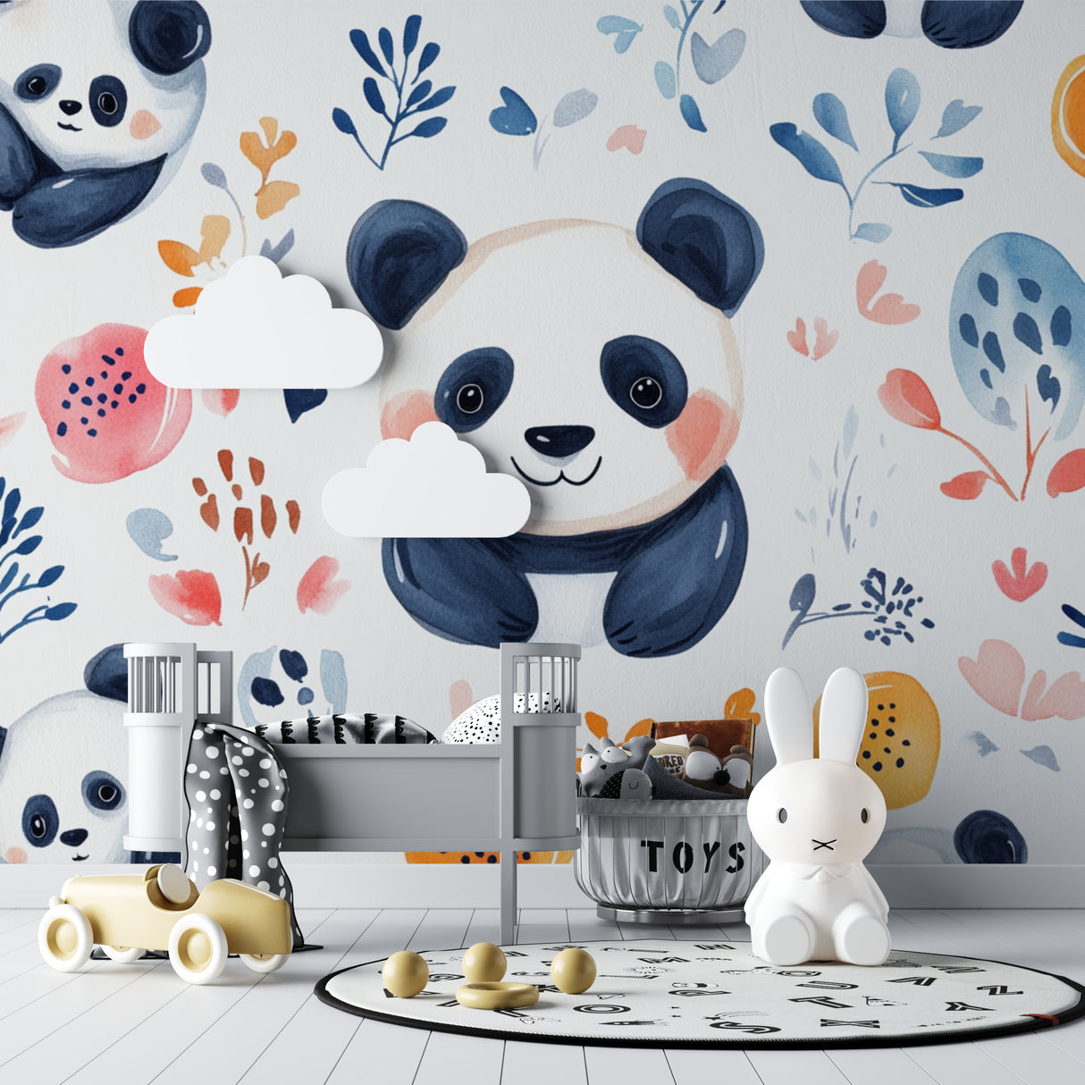 Kids playroom featuring panda wall mural with orange floral accents and reading nook