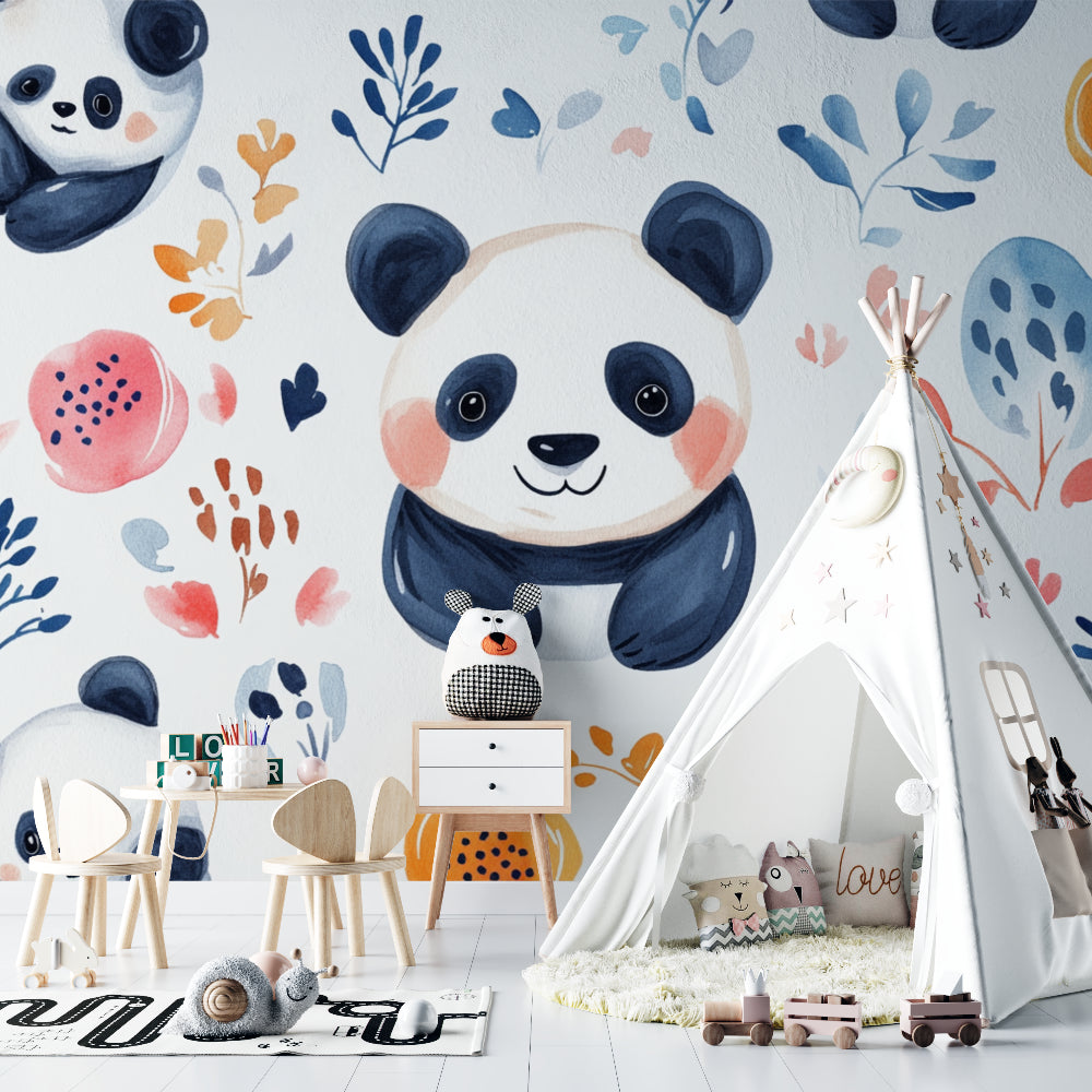 Watercolor panda wallpaper in modern bedroom with orange and white decor
