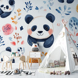 Watercolor panda wallpaper in modern bedroom with orange and white decor
