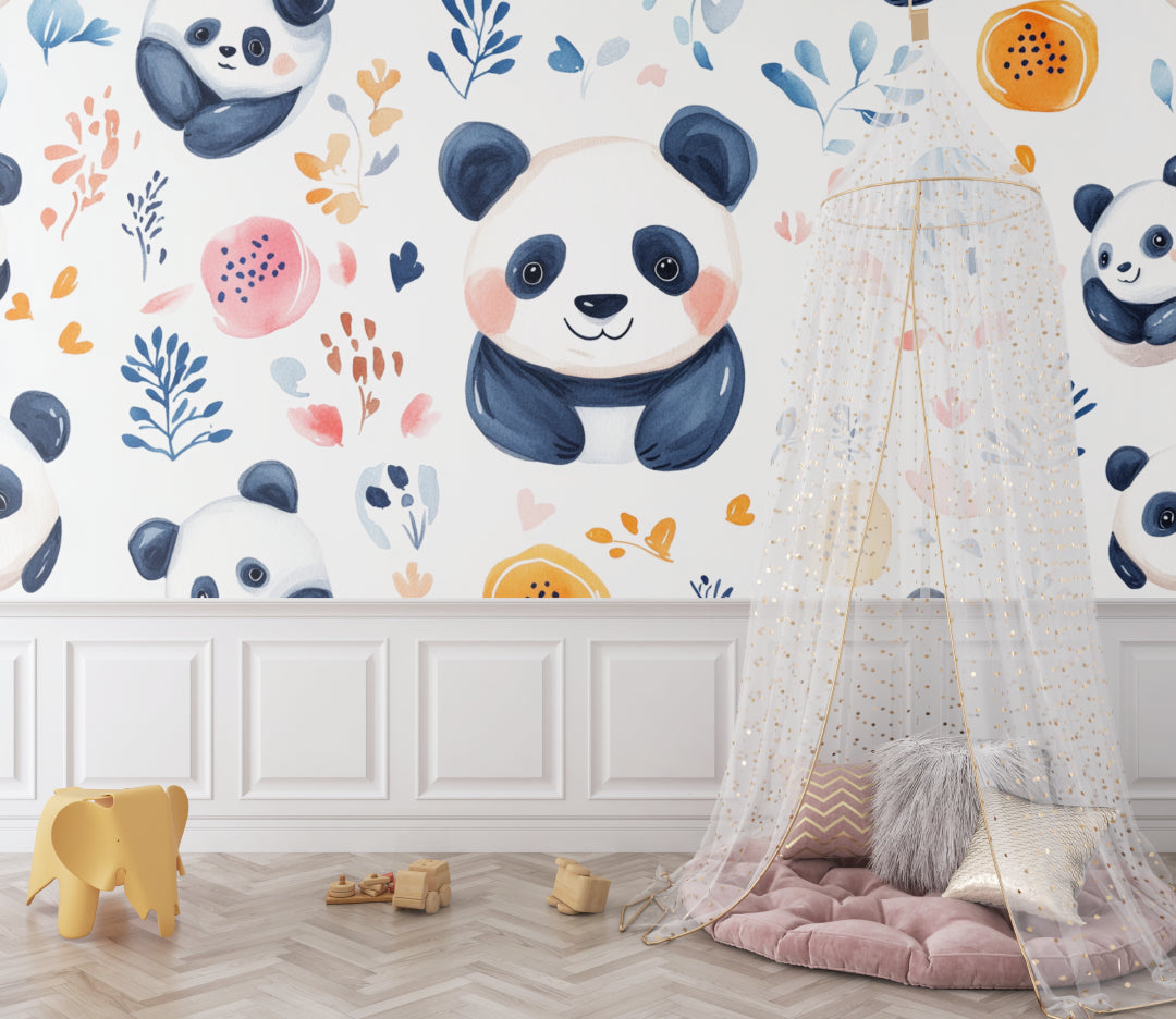 Study area with panda watercolor wallpaper showing scale of floral design