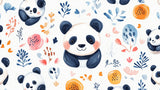 Panda wallpaper design file showing watercolor pandas with orange floral pattern on white background
