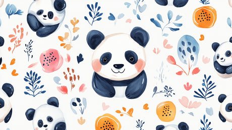 Panda wallpaper design file showing watercolor pandas with orange floral pattern on white background