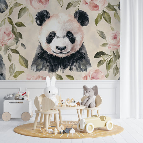 Pink and beige Panda wallpaper mural creating a cozy atmosphere in a modern nursery