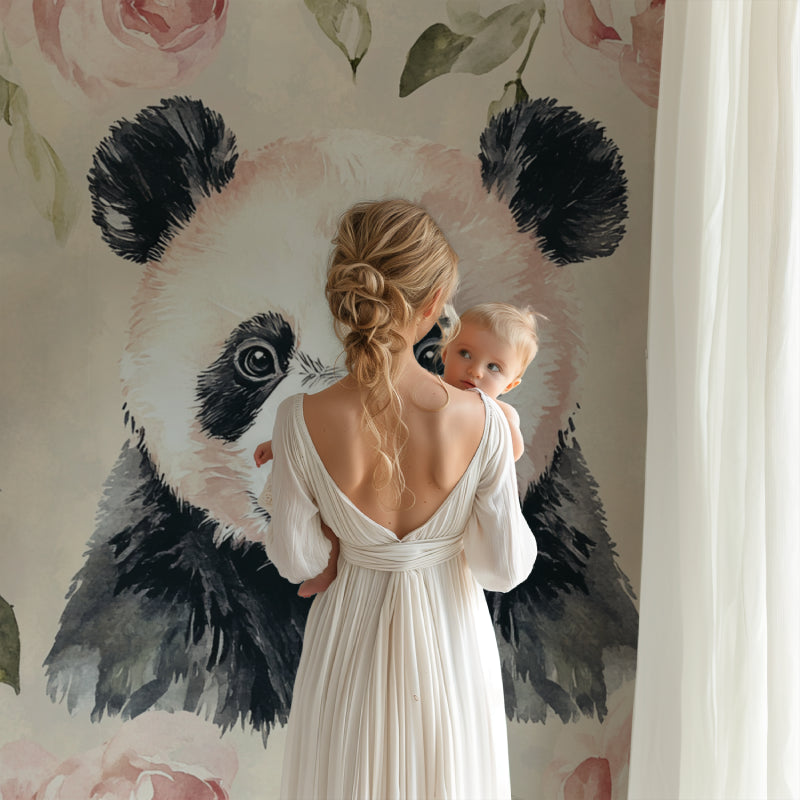 Watercolor Panda wall mural bringing charm to a girl's bedroom with soft pink accents