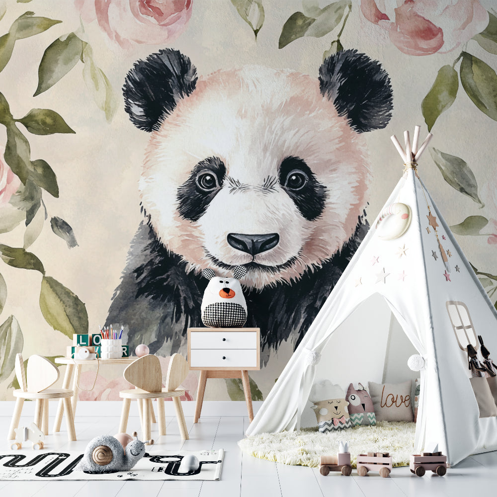 Floral Panda wallpaper transforming a playroom with gentle watercolor design