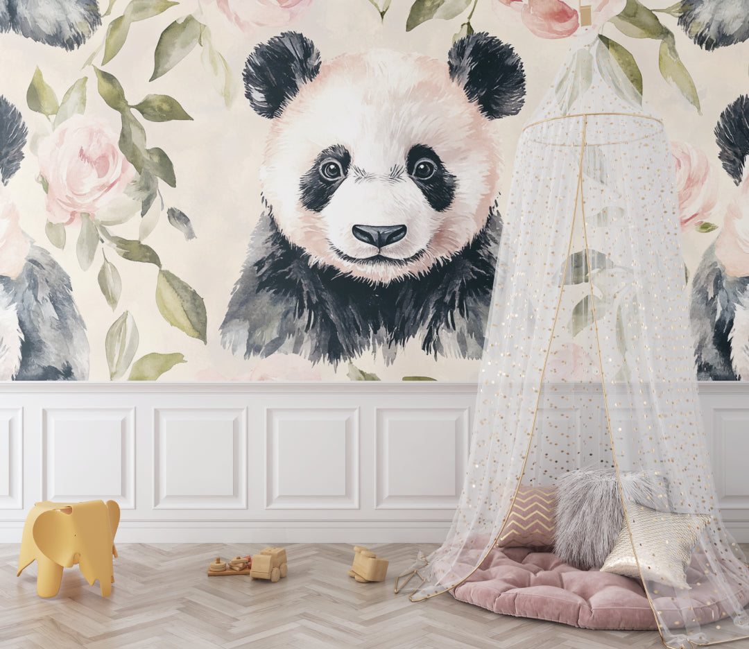 Panda and rose wall mural adding a sweet touch to a baby's room