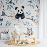Kids bedroom featuring watercolor panda wall mural with reading nook