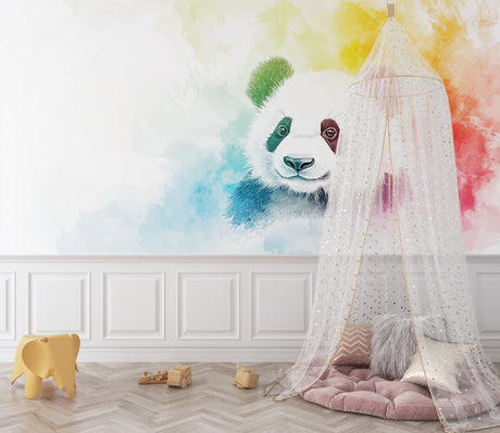 Rainbow Panda Wallpaper Mural in bright nursery with white furniture and soft lighting