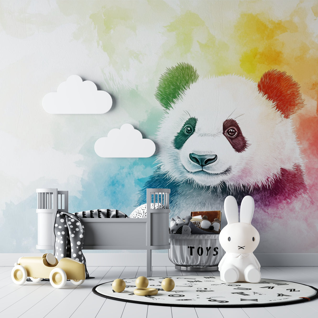 Rainbow Panda Mural Wallpaper in modern playroom with reading nook