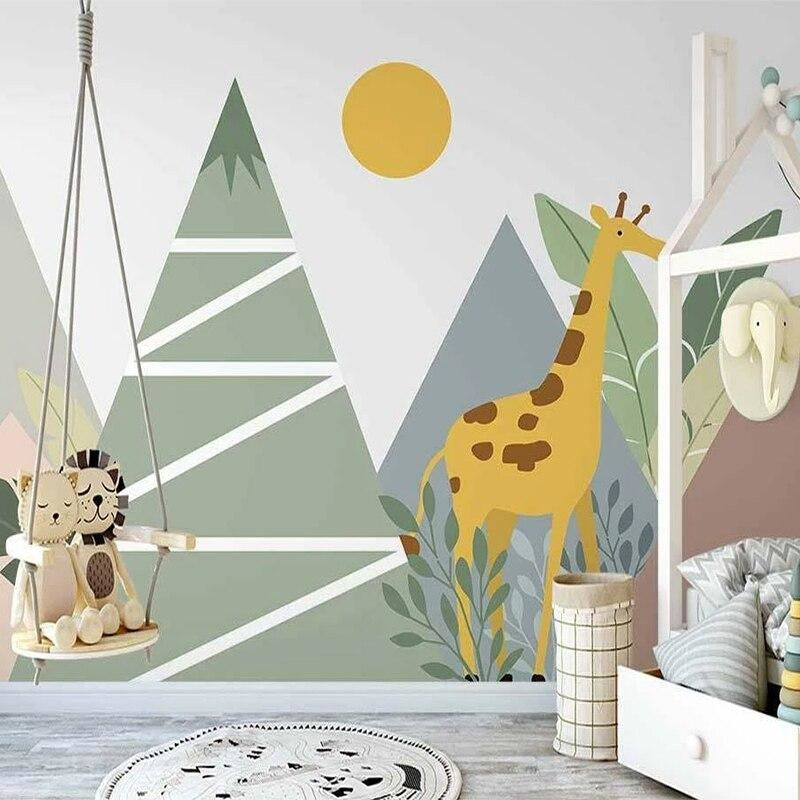 Mountain Safari Mural Wallpaper | Giraffe and Geometric Trees Design