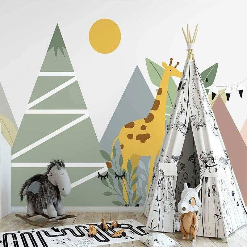 Mountain Safari Mural Wallpaper | Giraffe and Geometric Trees Design
