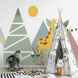 Mountain Safari Mural Wallpaper | Giraffe and Geometric Trees Design