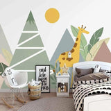 Mountain Safari Mural Wallpaper | Giraffe and Geometric Trees Design