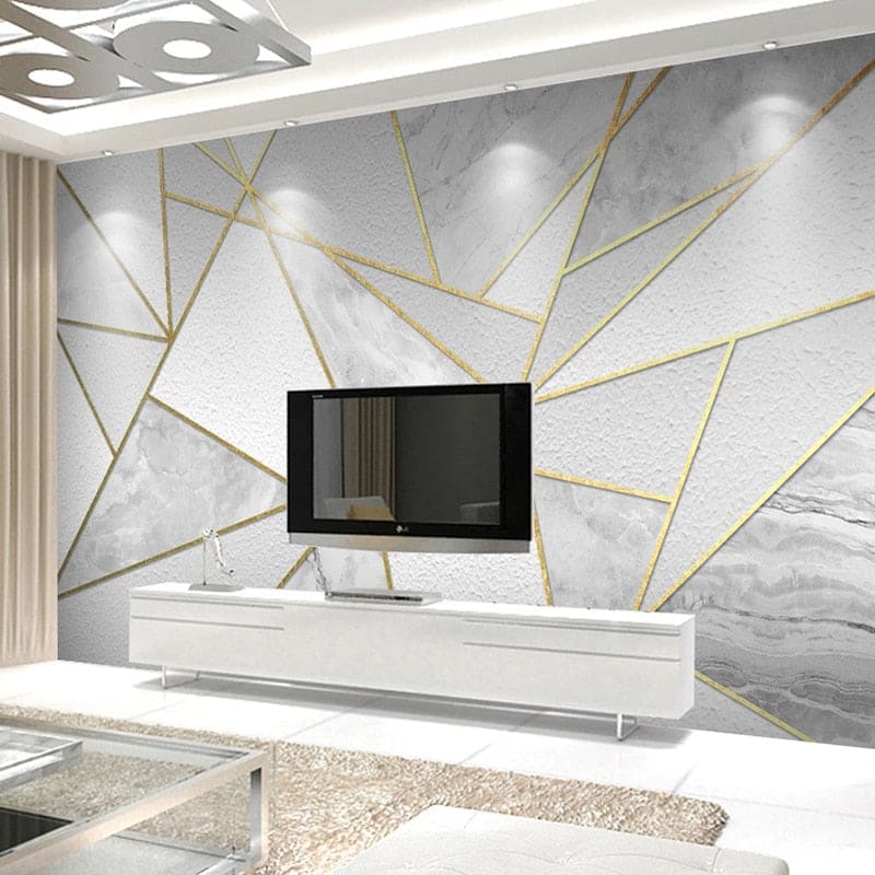 Geometric Mural Wallpaper | Marble and Gold Linear Design