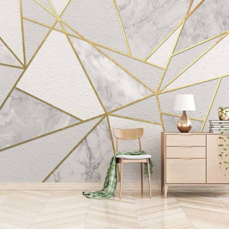 Geometric Mural Wallpaper | Marble and Gold Linear Design