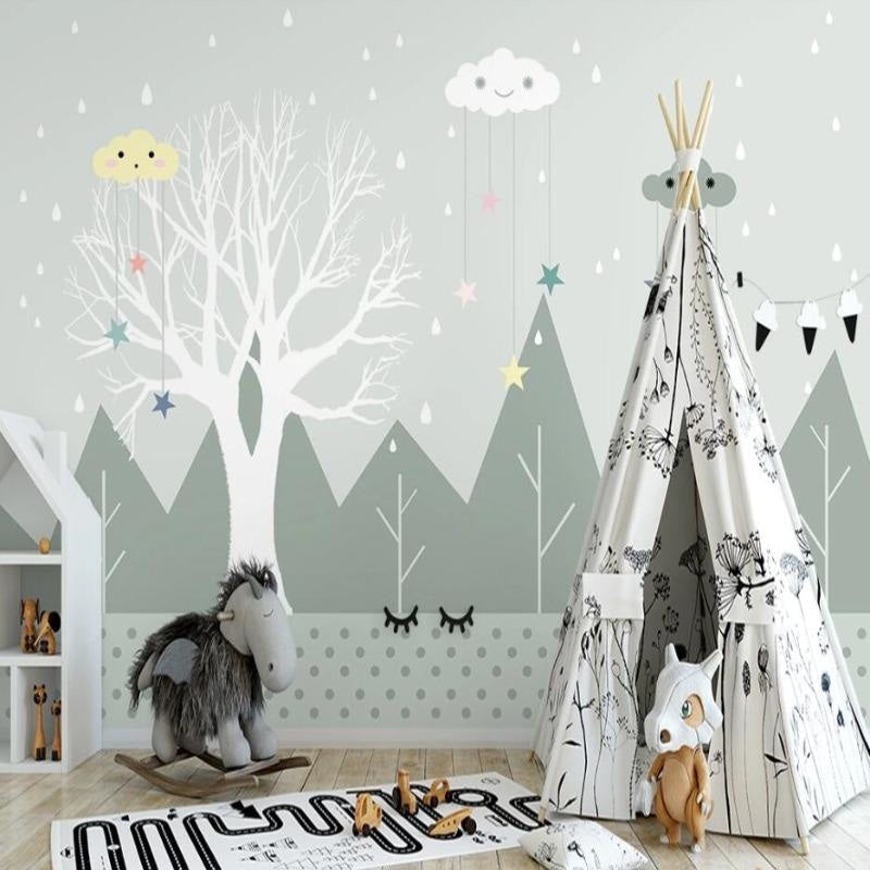 Kids Mural Wallpaper | Mountain Forest with Stars and Clouds