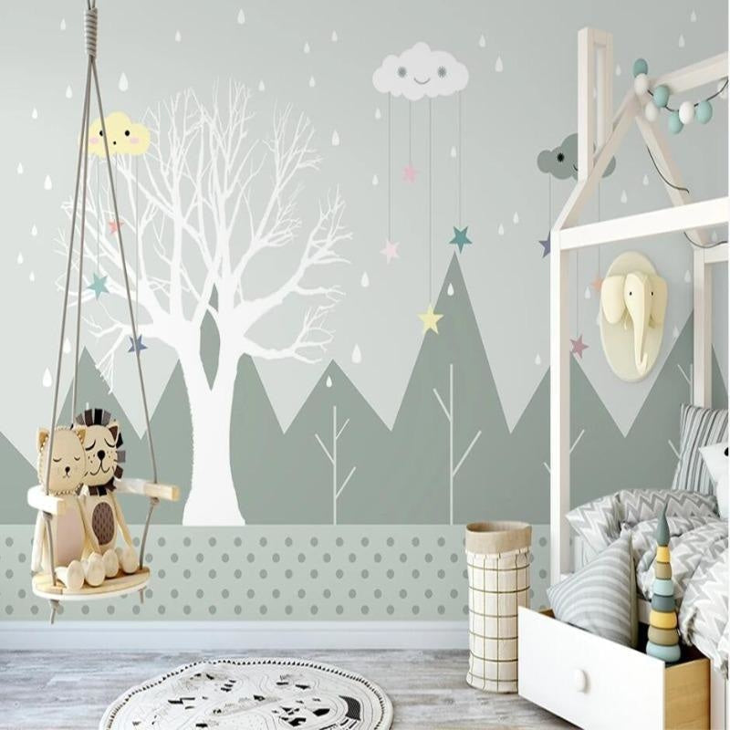 Kids Mural Wallpaper | Mountain Forest with Stars and Clouds
