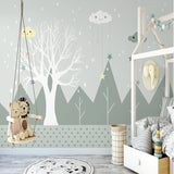 Kids Mural Wallpaper | Mountain Forest with Stars and Clouds