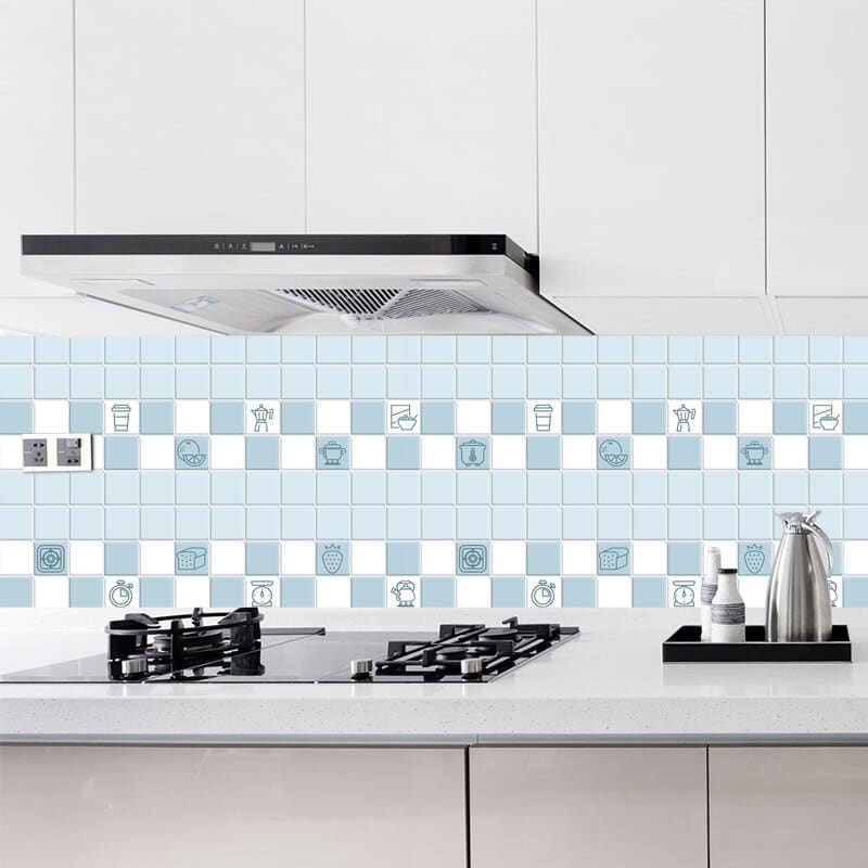 Kitchen Mural Wallpaper | Blue and White Checkered Pattern with Icons