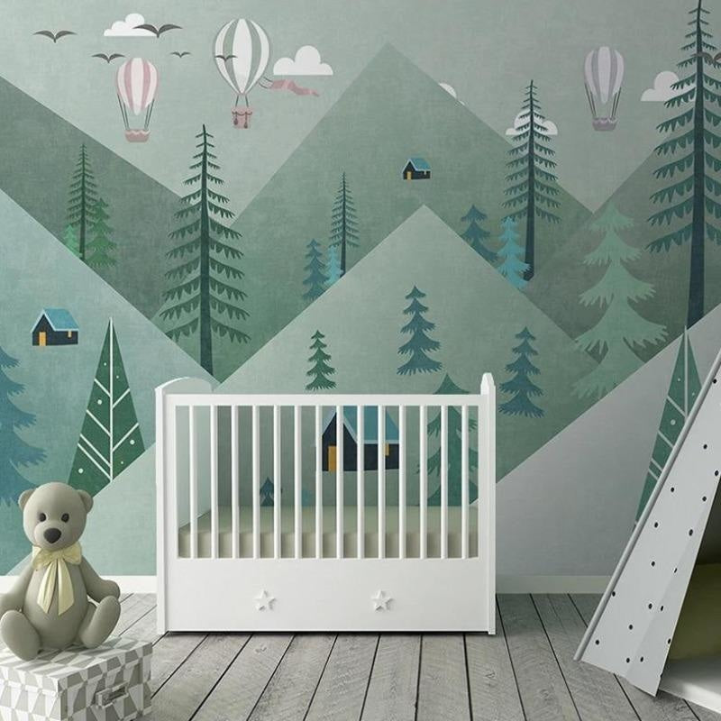 Mountain Forest Mural Wallpaper | Hot Air Balloons and Pine Trees