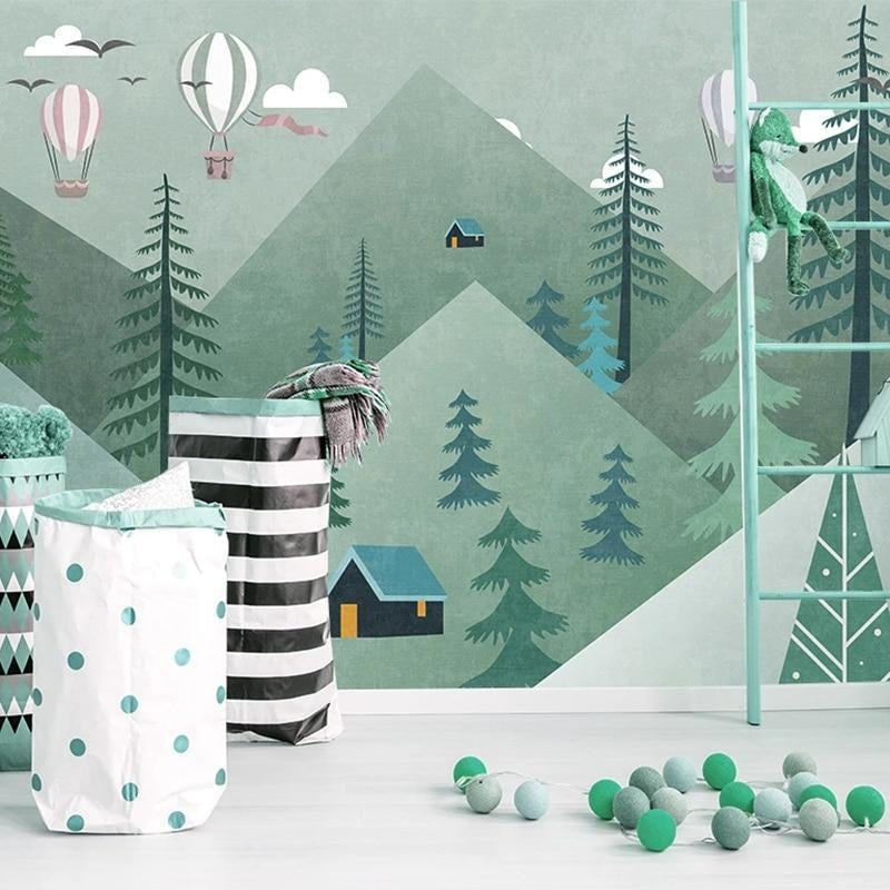 Mountain Forest Mural Wallpaper | Hot Air Balloons and Pine Trees