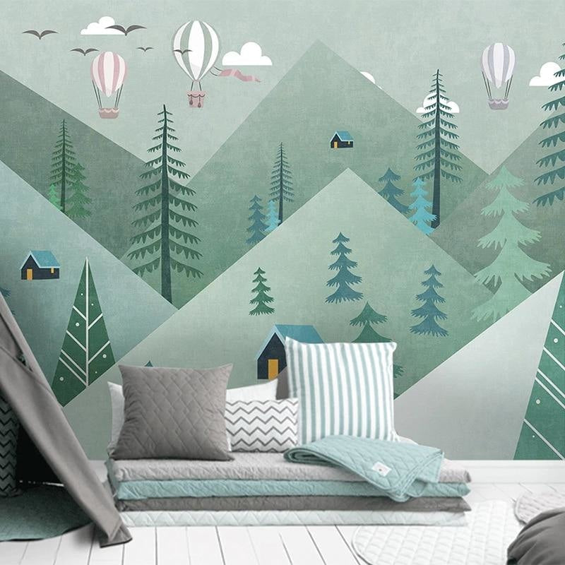 Mountain Forest Mural Wallpaper | Hot Air Balloons and Pine Trees