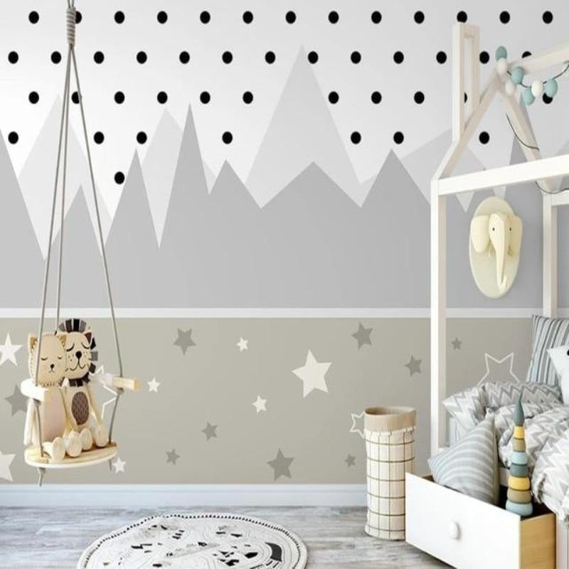 Mountain Mural Wallpaper | Scandinavian Kids Design with Stars and Dots