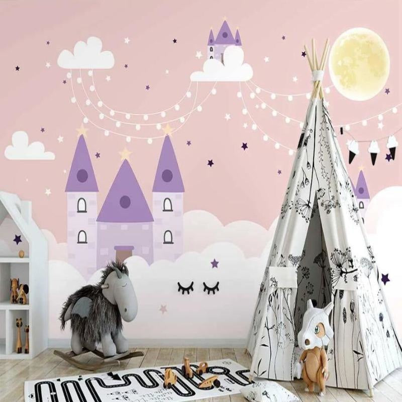 Castle Mural Wallpaper | Purple Fantasy with String Lights