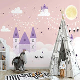 Castle Mural Wallpaper | Purple Fantasy with String Lights