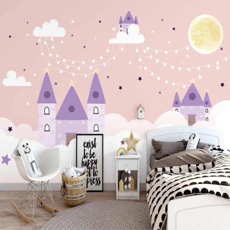 Castle Mural Wallpaper | Purple Fantasy with String Lights