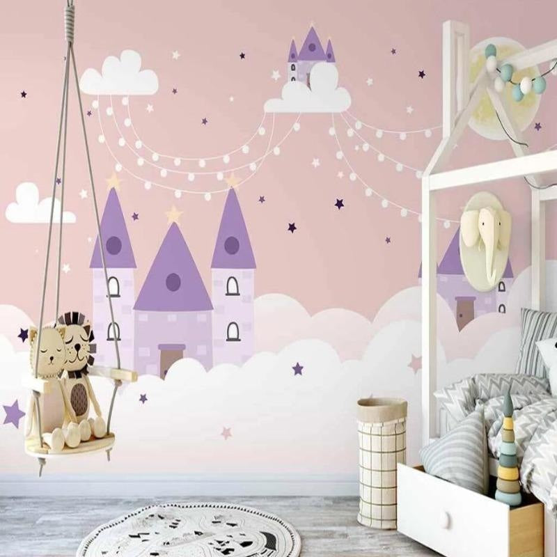 Castle Mural Wallpaper | Purple Fantasy with String Lights