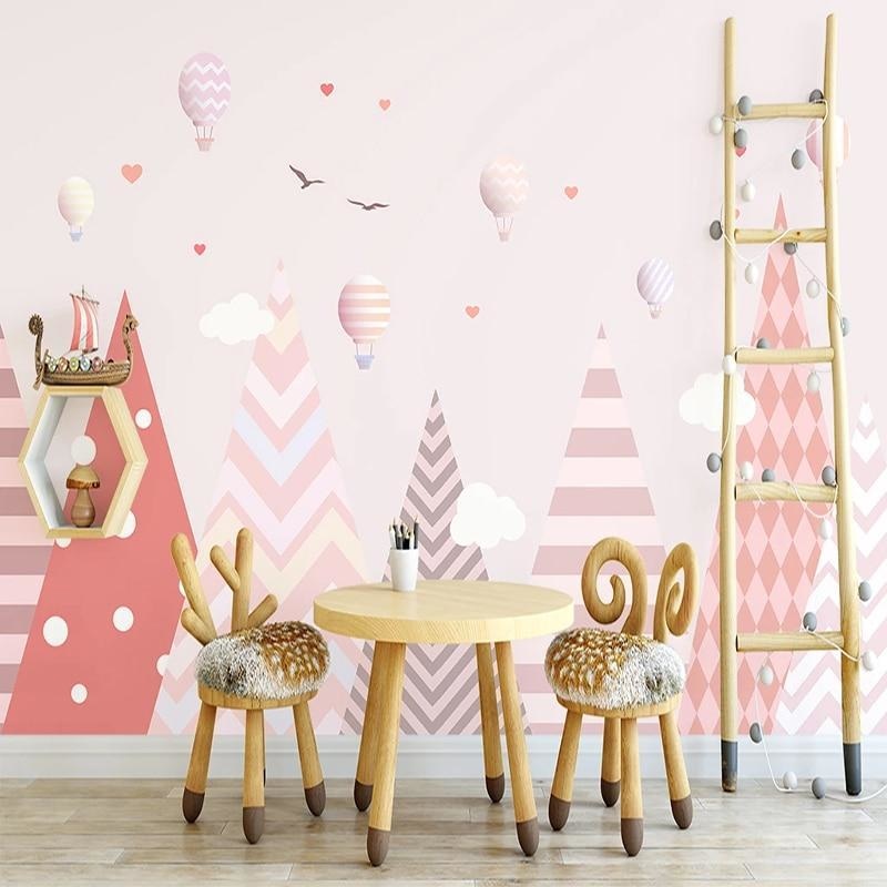 Kids Mural Wallpaper | Pink Mountains and Hot Air Balloons