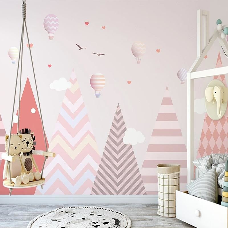 Kids Mural Wallpaper | Pink Mountains and Hot Air Balloons