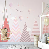 Kids Mural Wallpaper | Pink Mountains and Hot Air Balloons