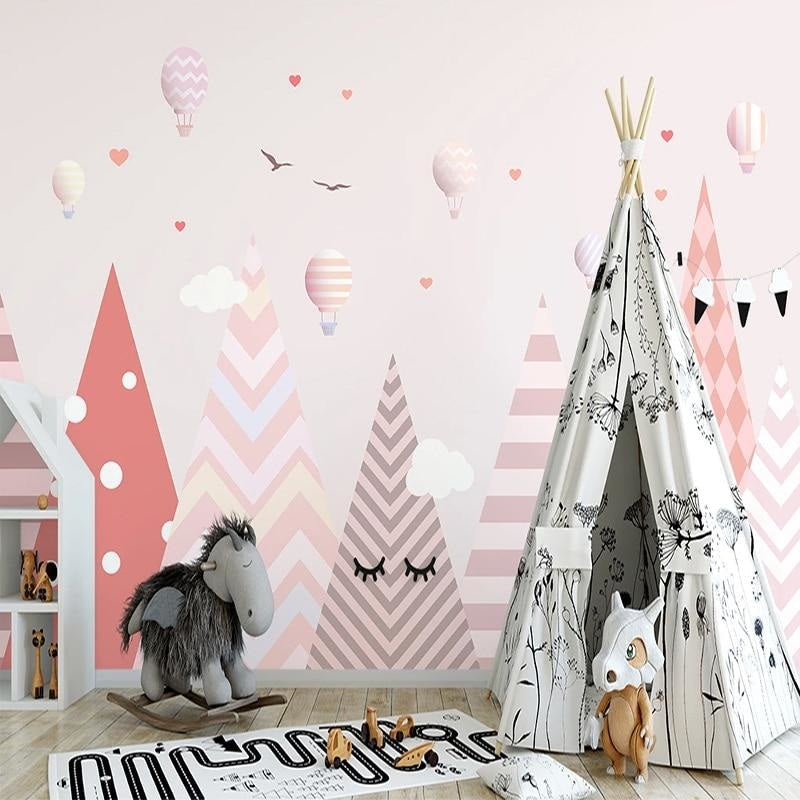 Kids Mural Wallpaper | Pink Mountains and Hot Air Balloons