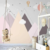 Mountain Mural Wallpaper | Pastel Scandinavian Design with Hot Air Balloon