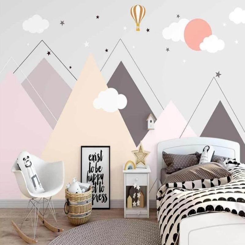 Mountain Mural Wallpaper | Pastel Scandinavian Design with Hot Air Balloon