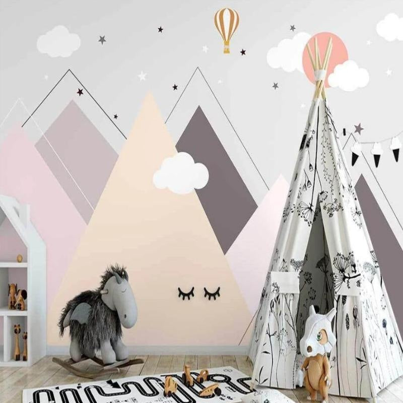 Mountain Mural Wallpaper | Pastel Scandinavian Design with Hot Air Balloon