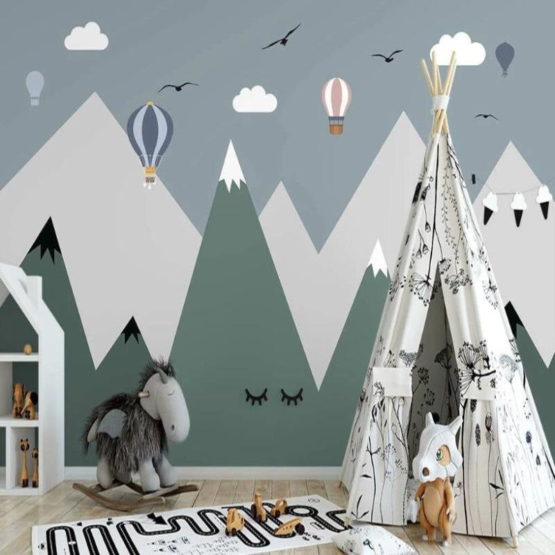 Mountain Mural Wallpaper | Kids Adventure with Hot Air Balloons