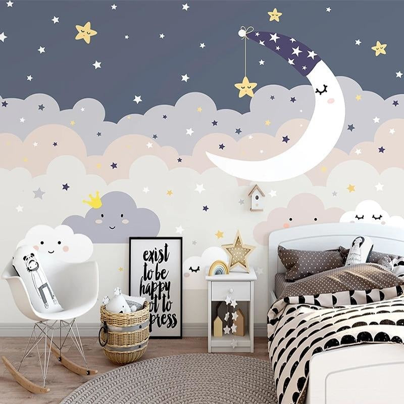 Cloud Mural Wallpaper | Dreamy Night Sky with Stars and Moon