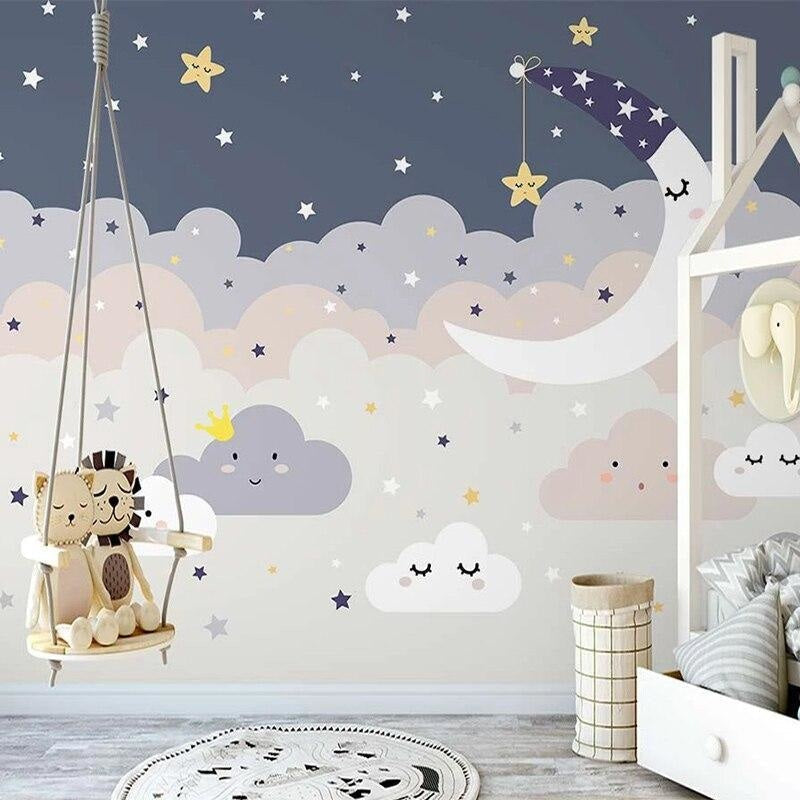 Cloud Mural Wallpaper | Dreamy Night Sky with Stars and Moon
