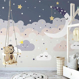 Cloud Mural Wallpaper | Dreamy Night Sky with Stars and Moon