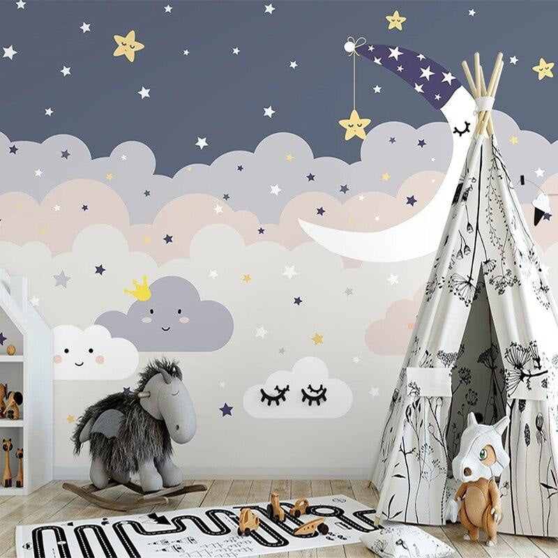Cloud Mural Wallpaper | Dreamy Night Sky with Stars and Moon