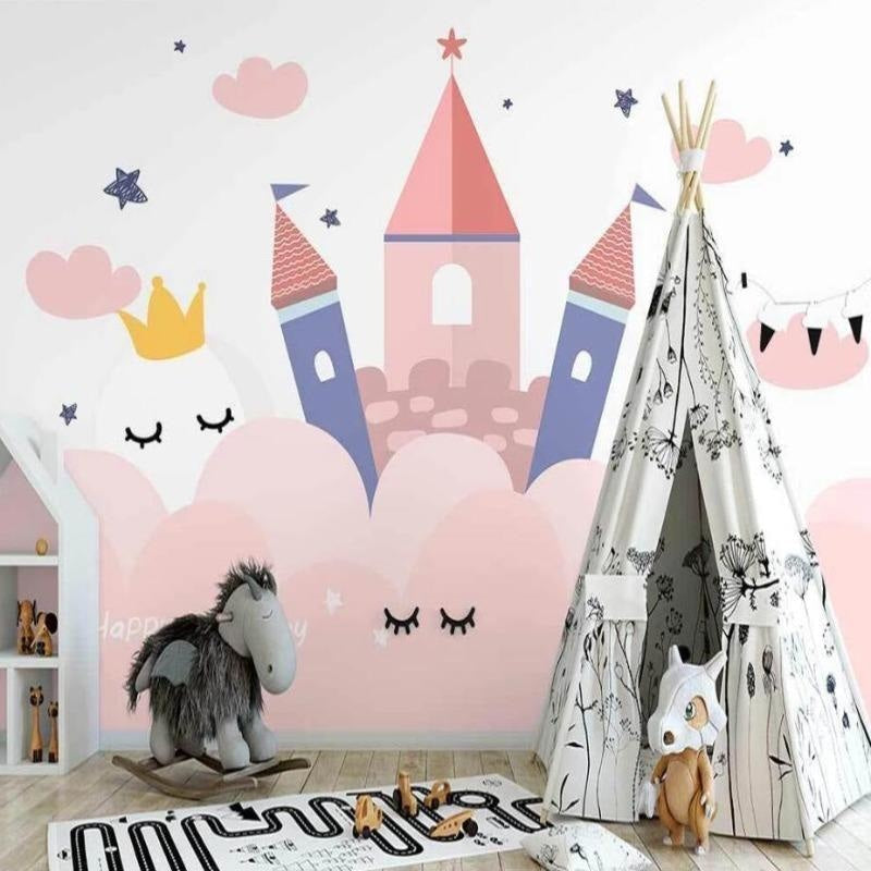 Princess Castle Mural Wallpaper | Pink and Blue Fairy Tale Design